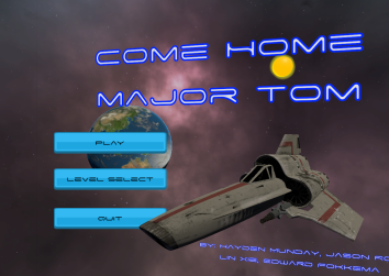 Come Home Major Tom game-jam title screen showing a space shuttle above Earth.