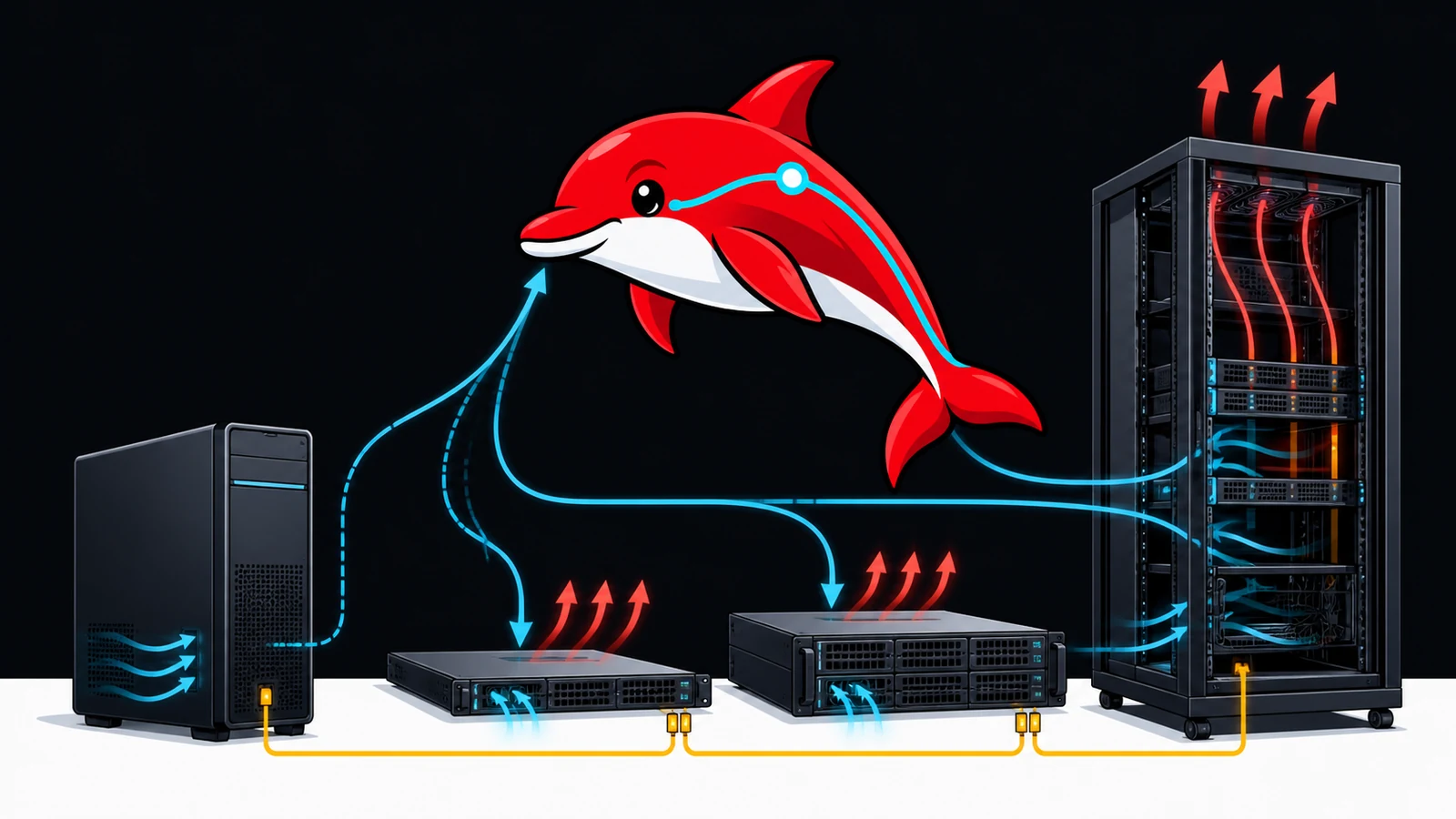 Harbour Dolphin compares airflow and power paths through a workstation, 1U server, 2U server and deep equipment rack.