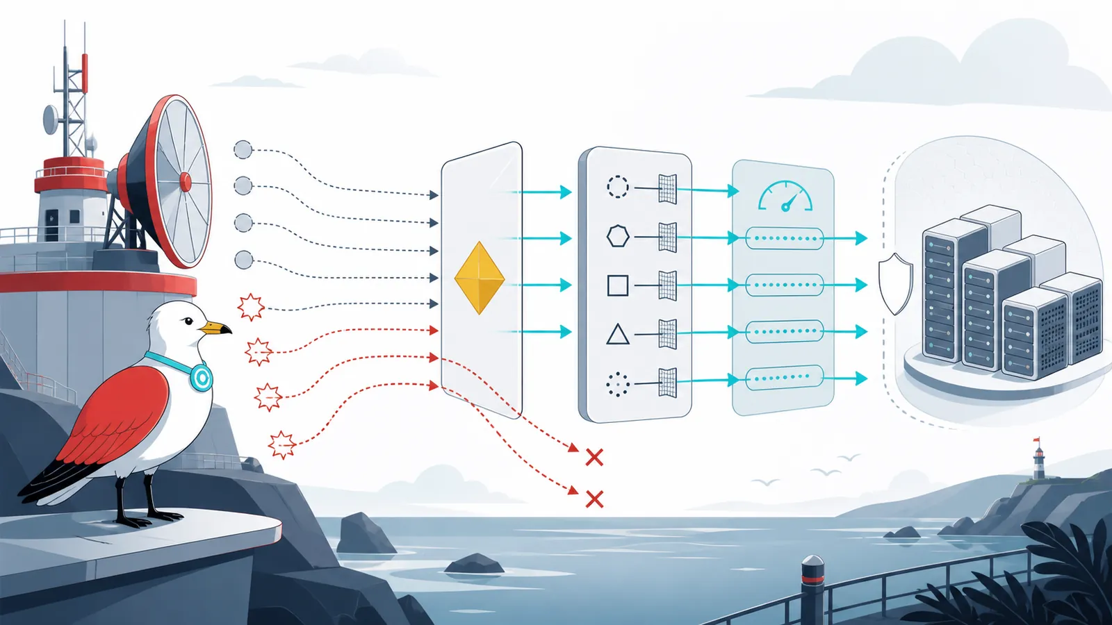 Signal Gull observes geometric query challenges, protocol-aware filters and rate-controlled paths protecting a generic dedicated-server cluster.