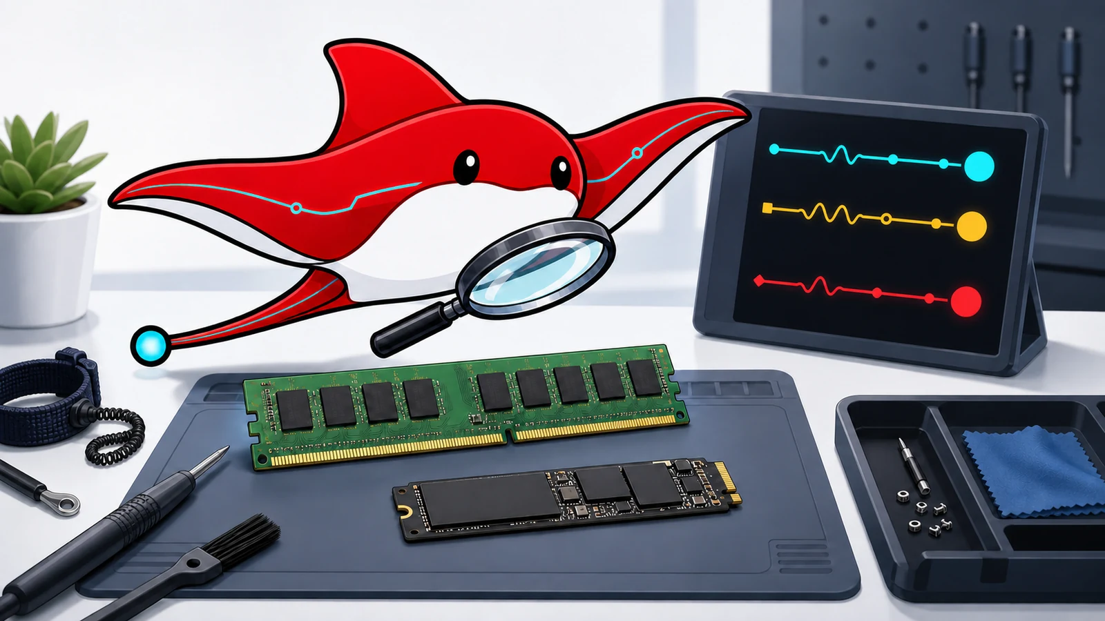 Current Ray inspects a memory module and NVMe drive at an electronics bench with red, cyan and amber status indicators.