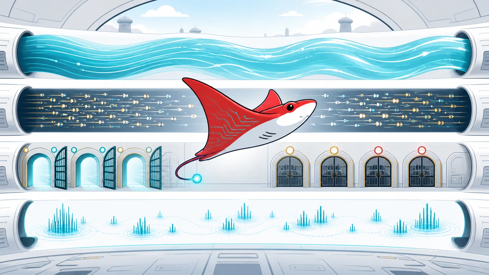 Current Ray moves between four visual channels representing bandwidth, packet rate, connection pressure and request or query load.