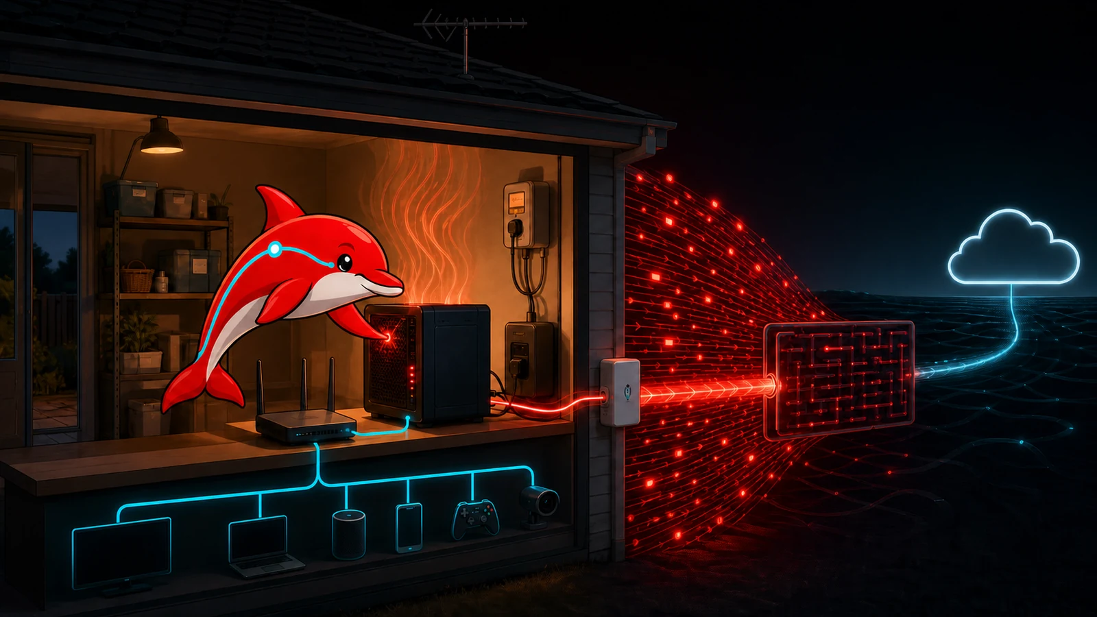Harbour Dolphin evaluates heat, electricity, a constrained residential uplink and separated home-device and server networks.