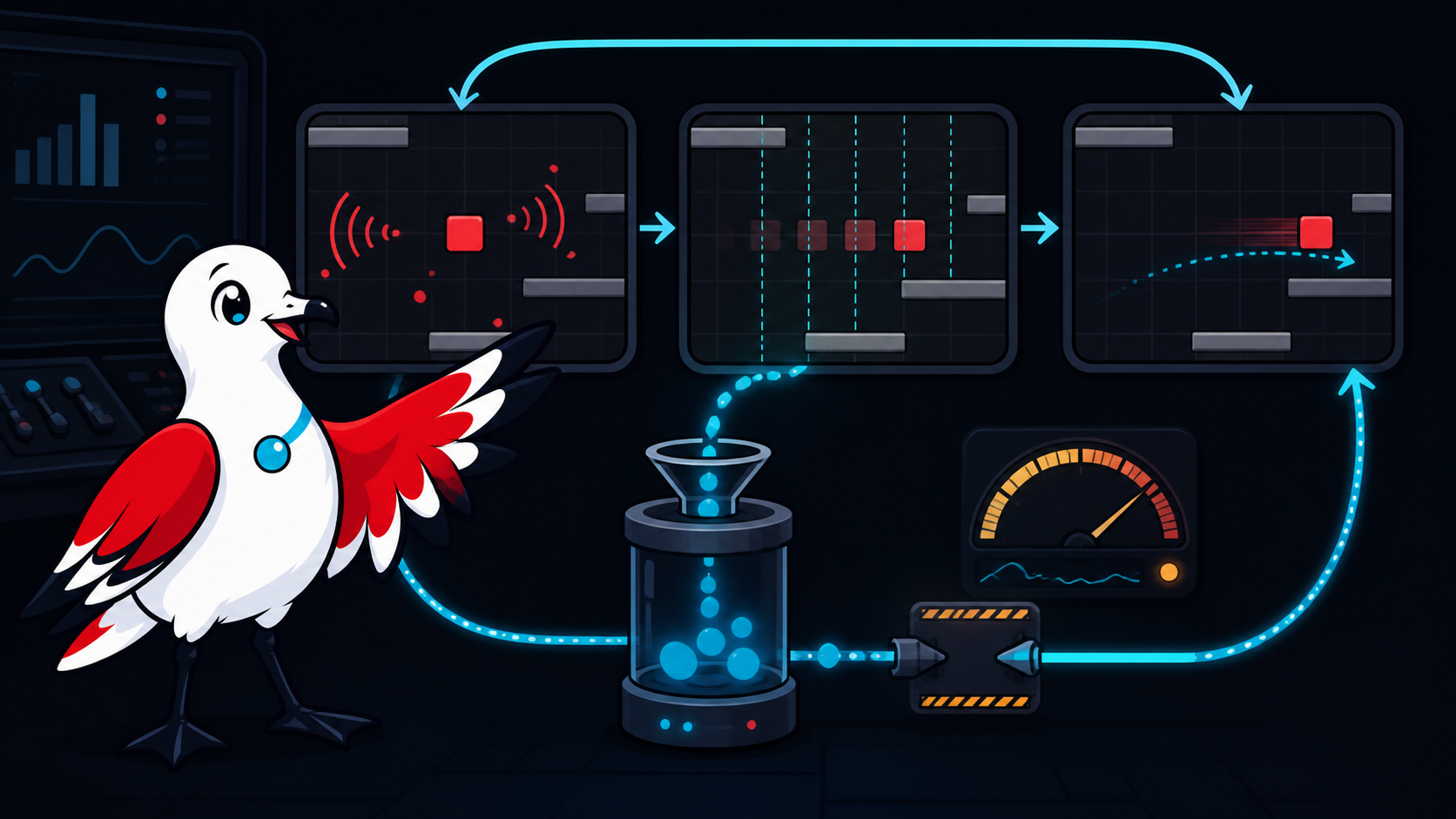 Signal Gull monitors events, fixed simulation updates and interpolated rendering for a moving game object.