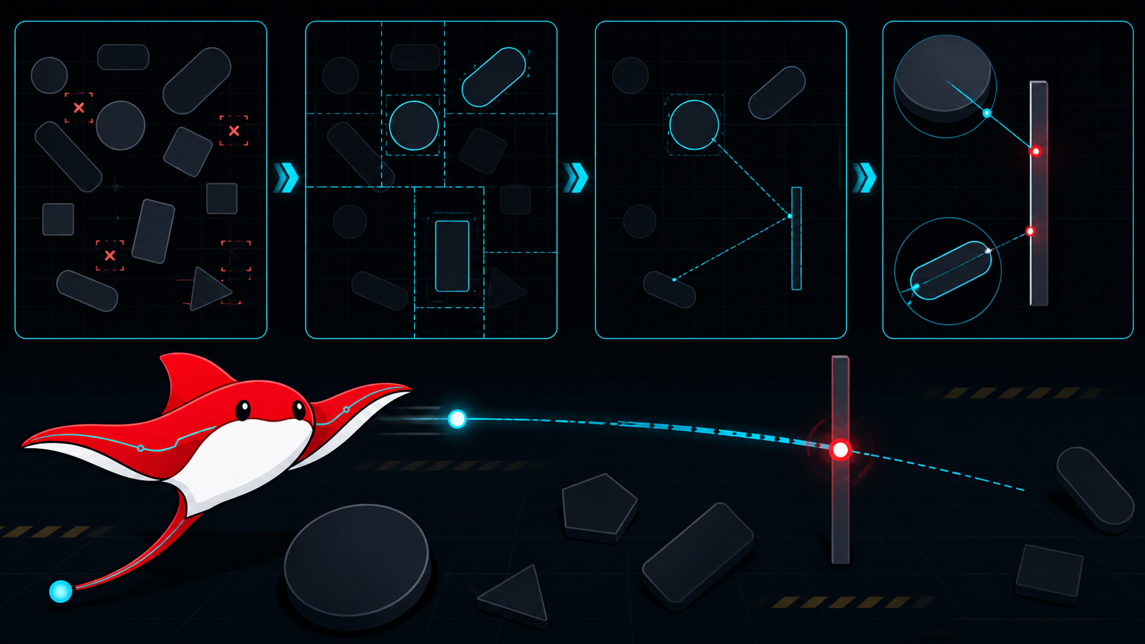 Current Ray traces objects through filtering, broad-phase candidate generation, narrow-phase shape tests and a swept query for a fast projectile.