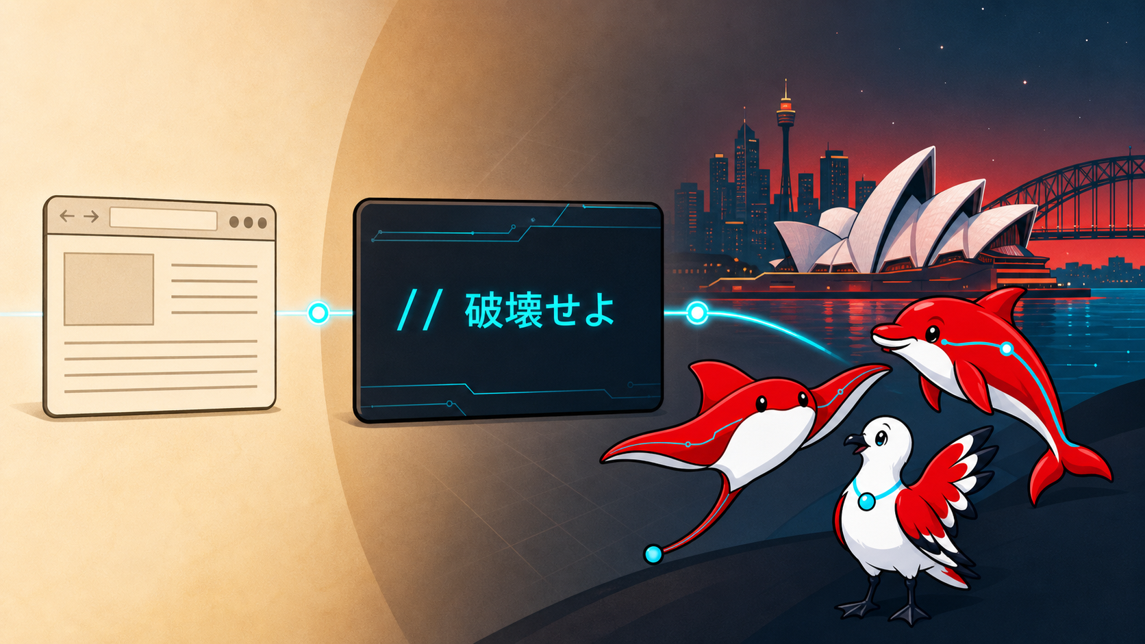 An Ozlin Info timeline moves from a first website page through the // 破壊せよ code motif to the current harbour-tech brand and mascots.