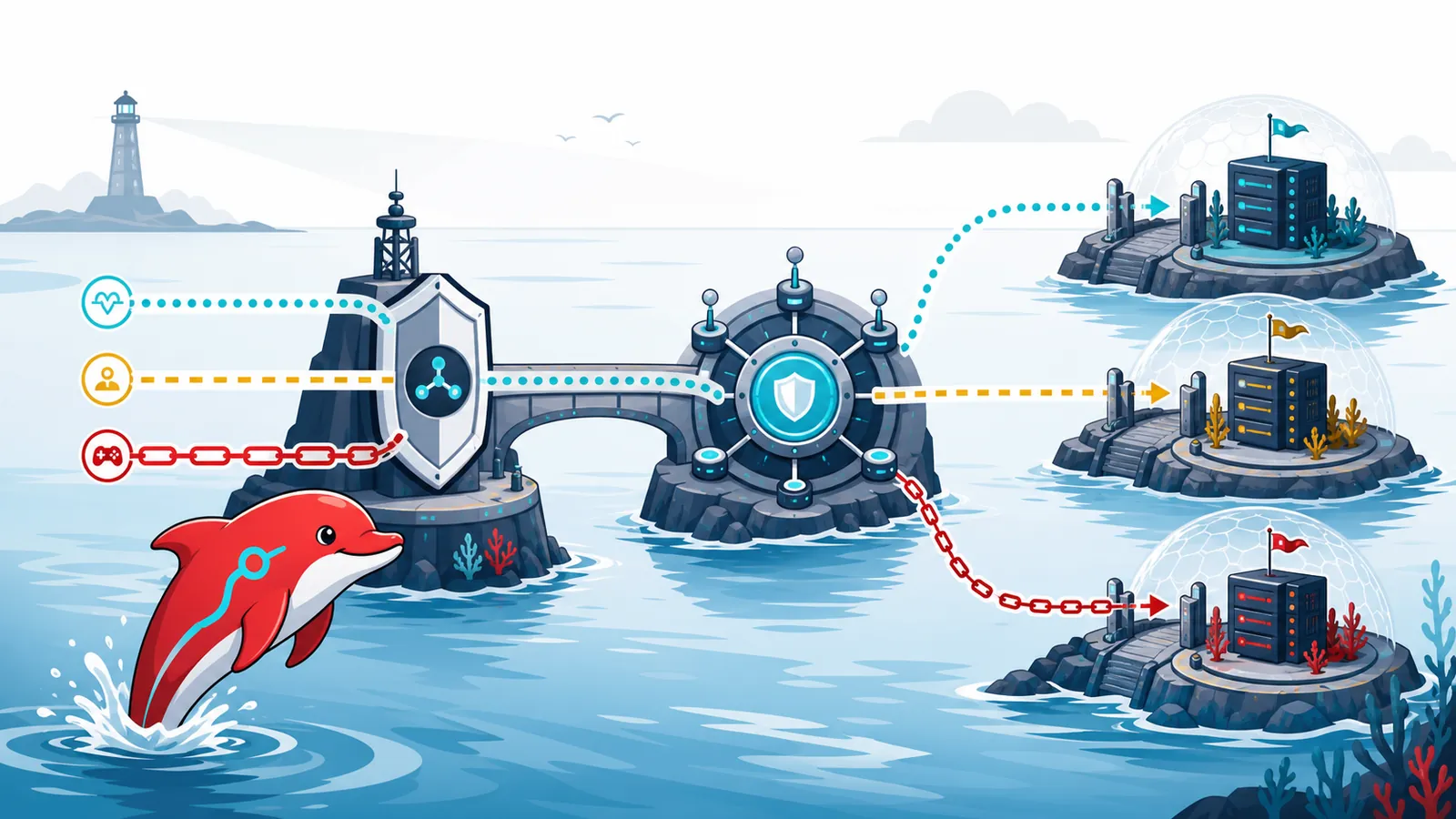 Harbour Dolphin maps three distinct Java multiplayer traffic paths through a protected proxy hub to isolated backend server nodes.