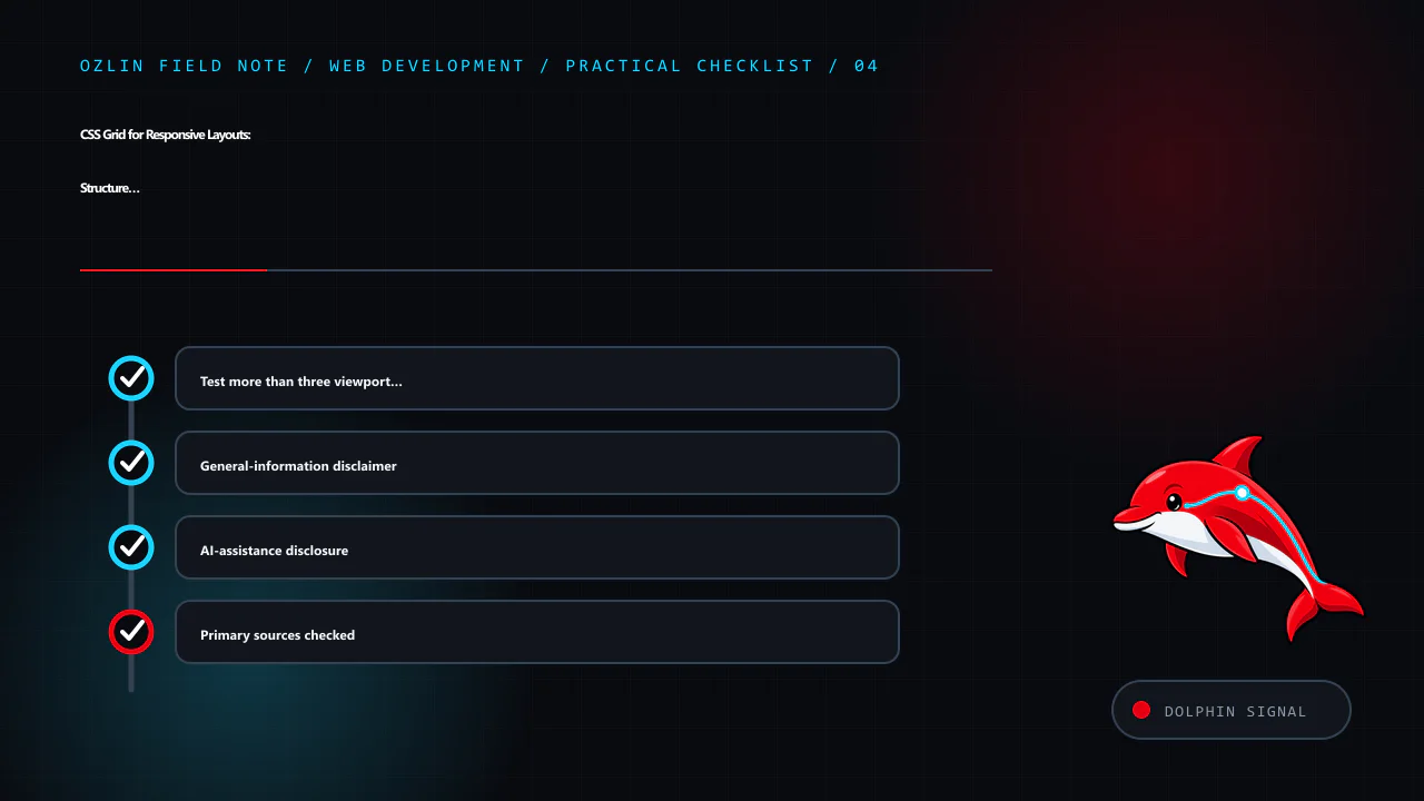 Practical checklist for CSS Grid for Responsive Layouts: Structure Without Source-Order Tricks, covering Test more than three viewport screenshots, General-information disclaimer, AI-assistance disclosure and related re…