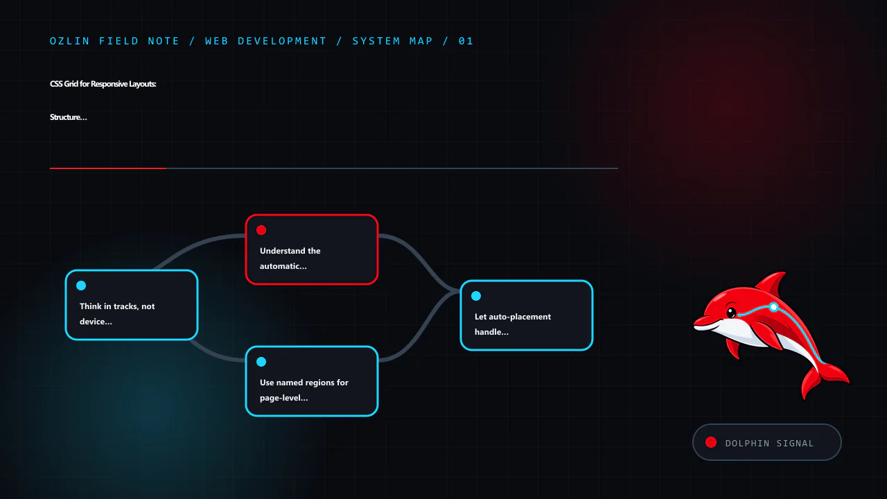 Article map for CSS Grid for Responsive Layouts: Structure Without Source-Order Tricks, covering Think in tracks, not device categories, Understand the automatic minimum, Use named regions for page-level clarity and rel…