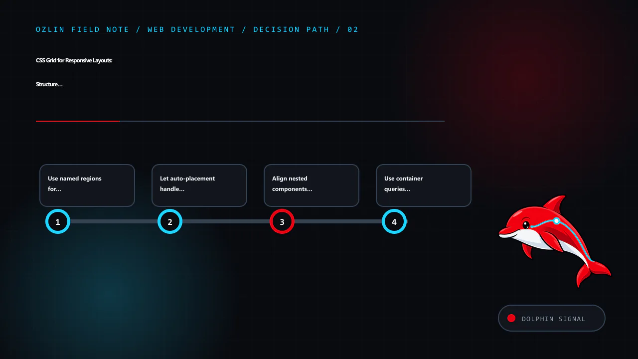 Decision path for CSS Grid for Responsive Layouts: Structure Without Source-Order Tricks, covering Use named regions for page-level clarity, Let auto-placement handle repeated content, Align nested components with subgr…