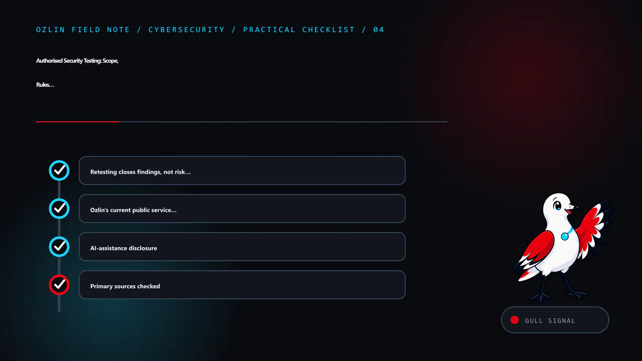 Practical checklist for Authorised Security Testing: Scope, Rules of Engagement and Safe Evid…, covering Retesting closes findings, not risk forever, Ozlin's current public service boundary, AI-assistance disclosure and…