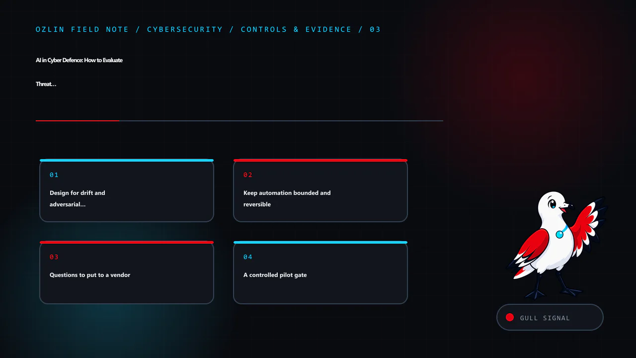 Control and evidence map for AI in Cyber Defence: How to Evaluate Threat Detection Without the Hype, covering Design for drift and adversarial behaviour, Keep automation bounded and reversible, Questions to put to a ven…