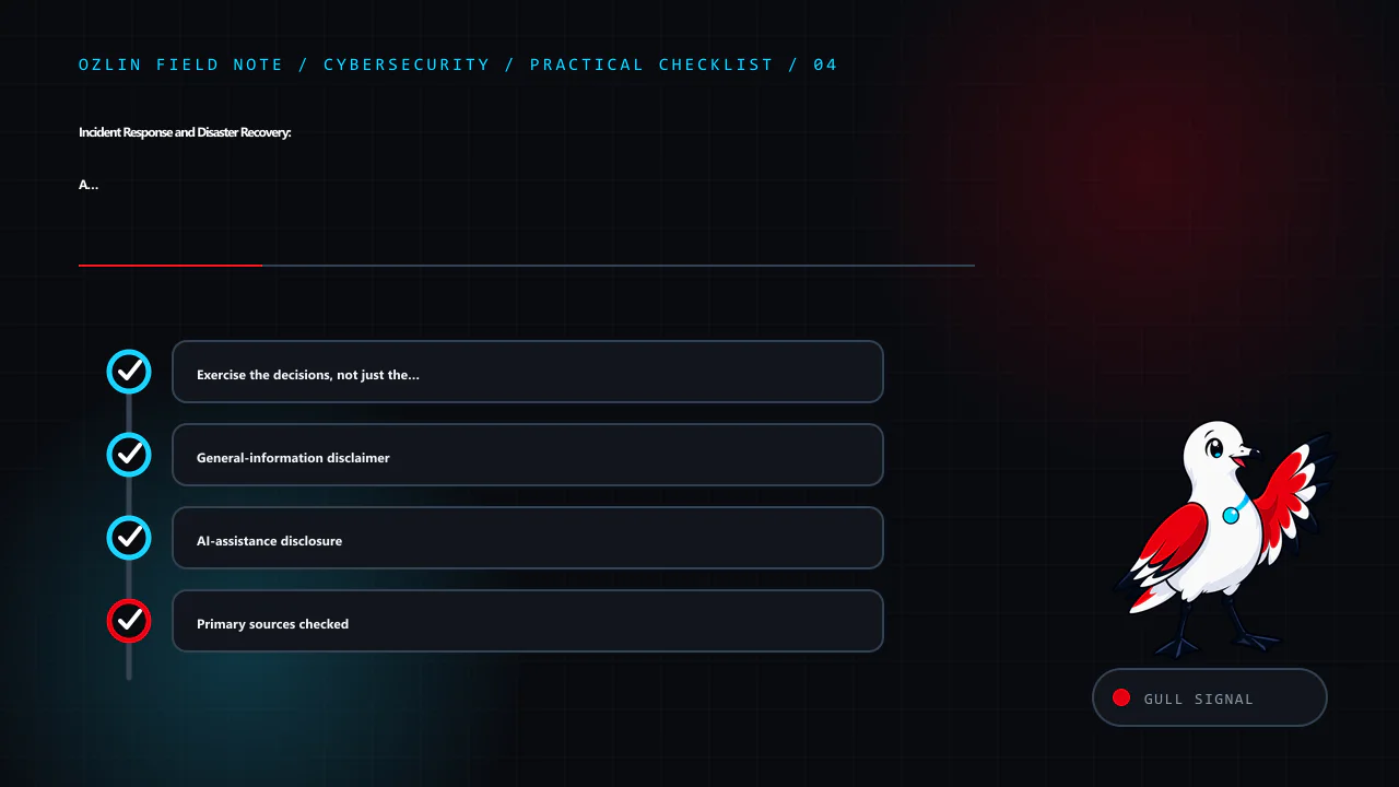 Practical checklist for Incident Response and Disaster Recovery: A Practical Australian Playb…, covering Exercise the decisions, not just the document, General-information disclaimer, AI-assistance disclosure and relate…