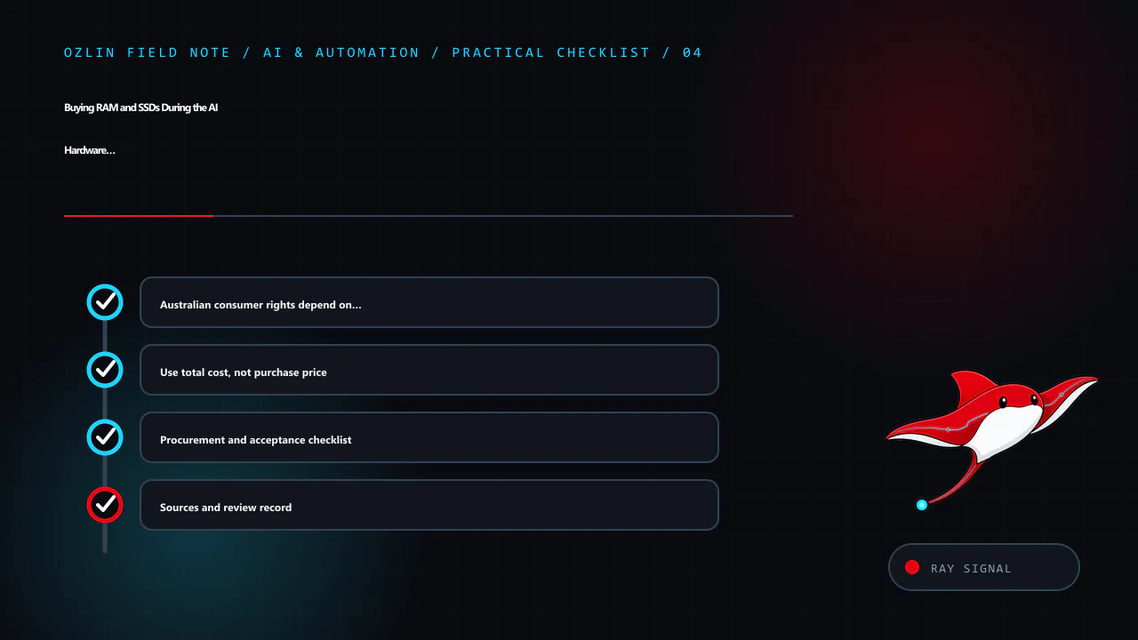 Practical checklist for Buying RAM and SSDs During the AI Hardware Squeeze: A 2026 Guide, covering Australian consumer rights depend on the seller, Use total cost, not purchase price, Procurement and acceptance checklis…