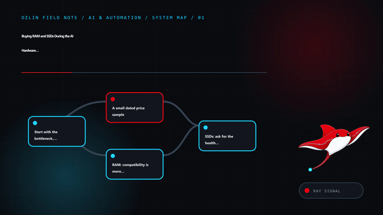Article map for Buying RAM and SSDs During the AI Hardware Squeeze: A 2026 Guide, covering Start with the bottleneck, not the shopping cart, A small dated price sample, RAM: compatibility is more than DDR generation and…