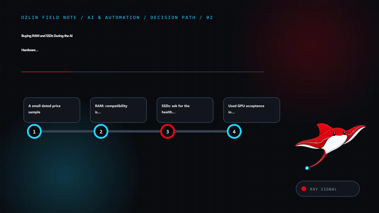Decision path for Buying RAM and SSDs During the AI Hardware Squeeze: A 2026 Guide, covering A small dated price sample, RAM: compatibility is more than DDR generation, SSDs: ask for the health log before price negotiat…