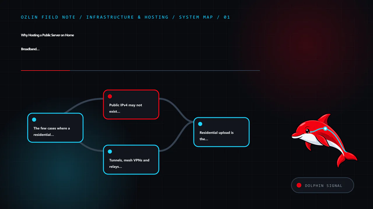 Article map for Why Hosting a Public Server on Home Broadband Is Usually a Bad Idea, covering The few cases where a residential connection may be justifi…, Public IPv4 may not exist at your router, Tunnels, mesh VPNs an…