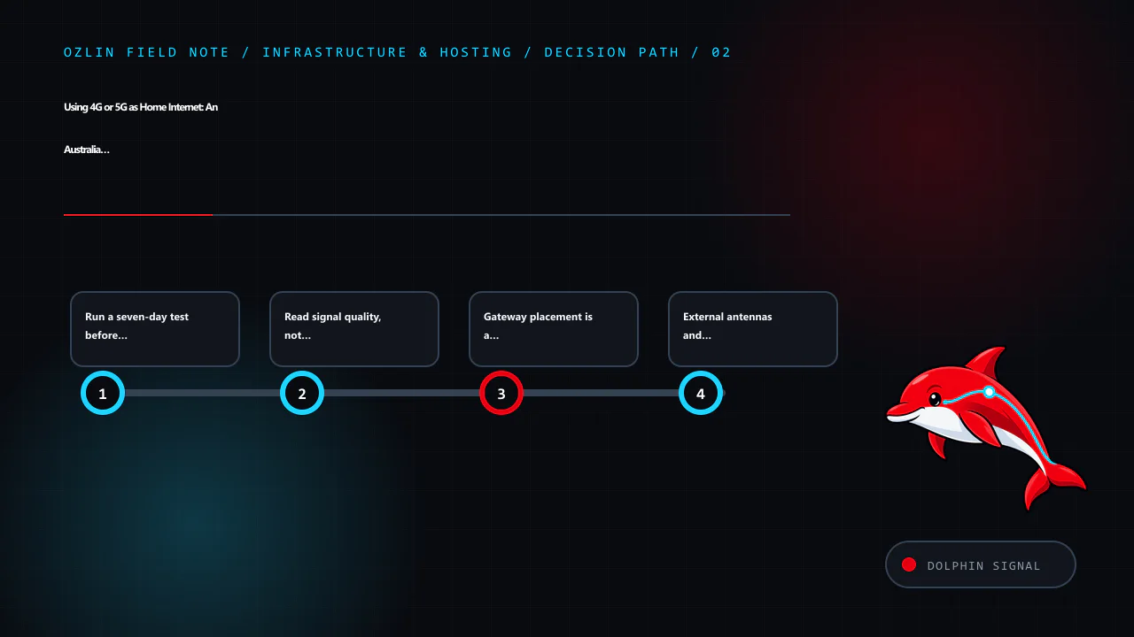 Decision path for Using 4G or 5G as Home Internet: An Australia and New Zealand Setup G…, covering Run a seven-day test before cancelling fixed broadband, Read signal quality, not only signal bars, Gateway placement is…