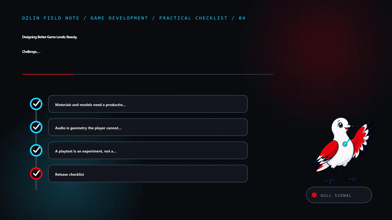 Practical checklist for Designing Better Game Levels: Beauty, Challenge, Randomness and Funct…, covering Materials and models need a production contract, Audio is geometry the player cannot see, A playtest is an experim…