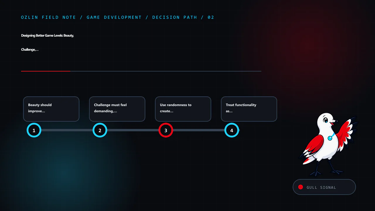 Decision path for Designing Better Game Levels: Beauty, Challenge, Randomness and Funct…, covering Beauty should improve comprehension, Challenge must feel demanding, not arbitrary, Use randomness to create decisions, n…