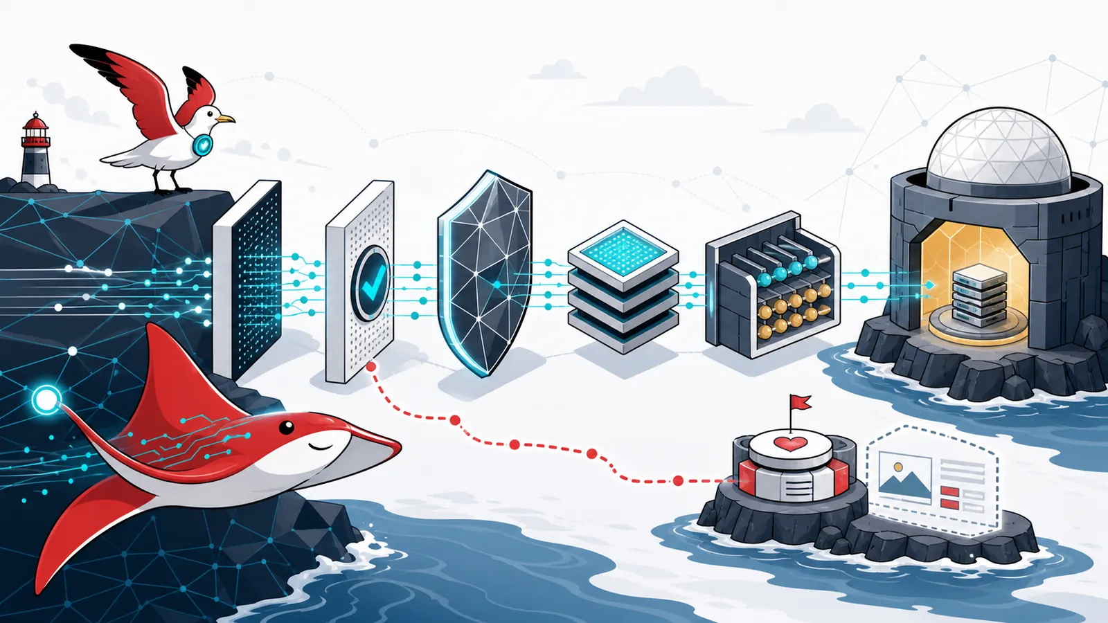 Current Ray and Signal Gull guide website traffic through validation, a shield, cache, queue, protected origin and a separate degraded-service path.